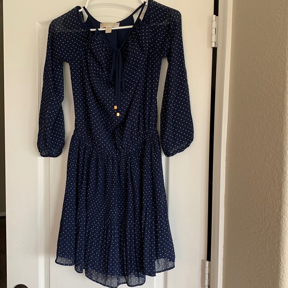 Navy, polka dot, off-the-shoulder Michael Kors dress, size XS